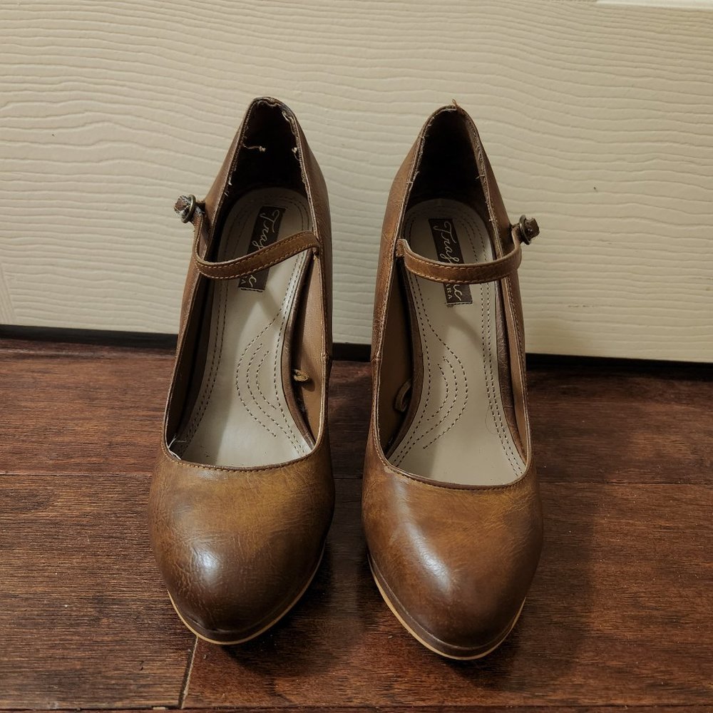 Brown Faux Leather Mary-Jane style Stilettos - Picture 1 of 7